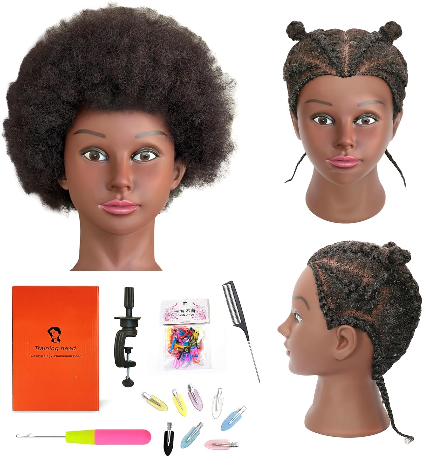 Afro Kinky Curly Mannequin Head with 100% Human Hair, Cosmetology Training Head for Braiding, Styling, Dyeing, and Cutting, Includes Clamp Stand and Accessories