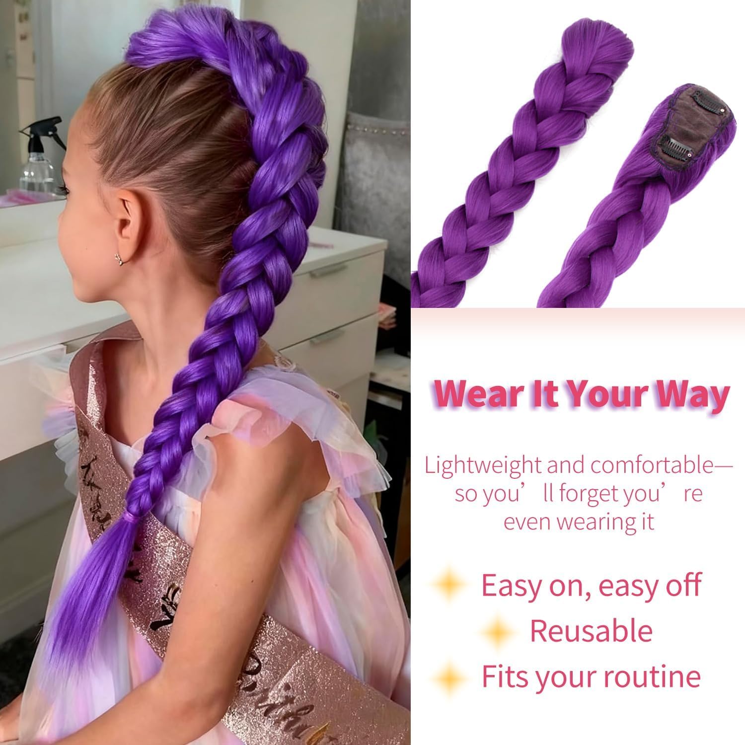 26 Inch Purple Braid Ponytail Extension - Easy Clip-In Synthetic Hair