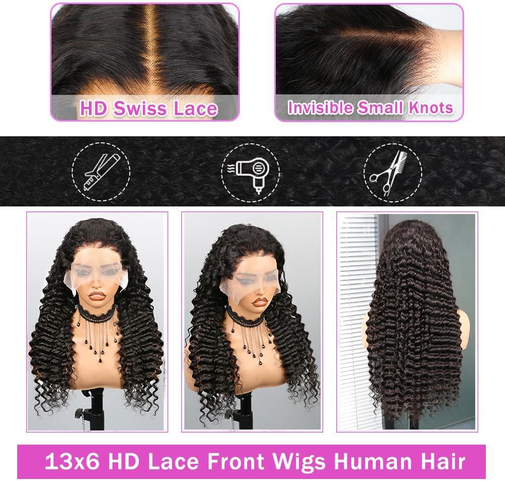 13x6 Lace Front Wig 180% Density Brazilian Deep Wave Human Hair Pre Plucked Wig
