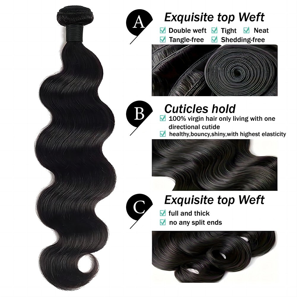 Brazilian Body Wave Human Hair Bundles – 100% Virgin, S‑Shaped Texture, No Tangle & No Shedding (10″–30″)