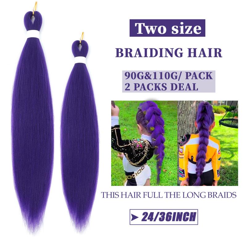 Datanala Purple Pre-Stretched Braiding Hair — 24 Inch (90g)/36 Inch (110g) Yaki Texture Synthetic Fiber, Long Straight Crochet Braids 2 Packs