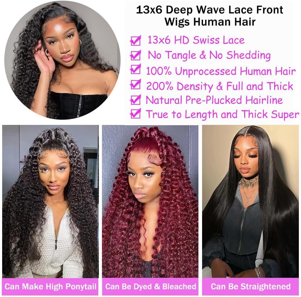 13x6 Lace Front Wig 180% Density Brazilian Deep Wave Human Hair Pre Plucked Wig