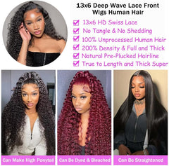 13x6 Lace Front Wig 180% Density Brazilian Deep Wave Human Hair Pre Plucked Wig
