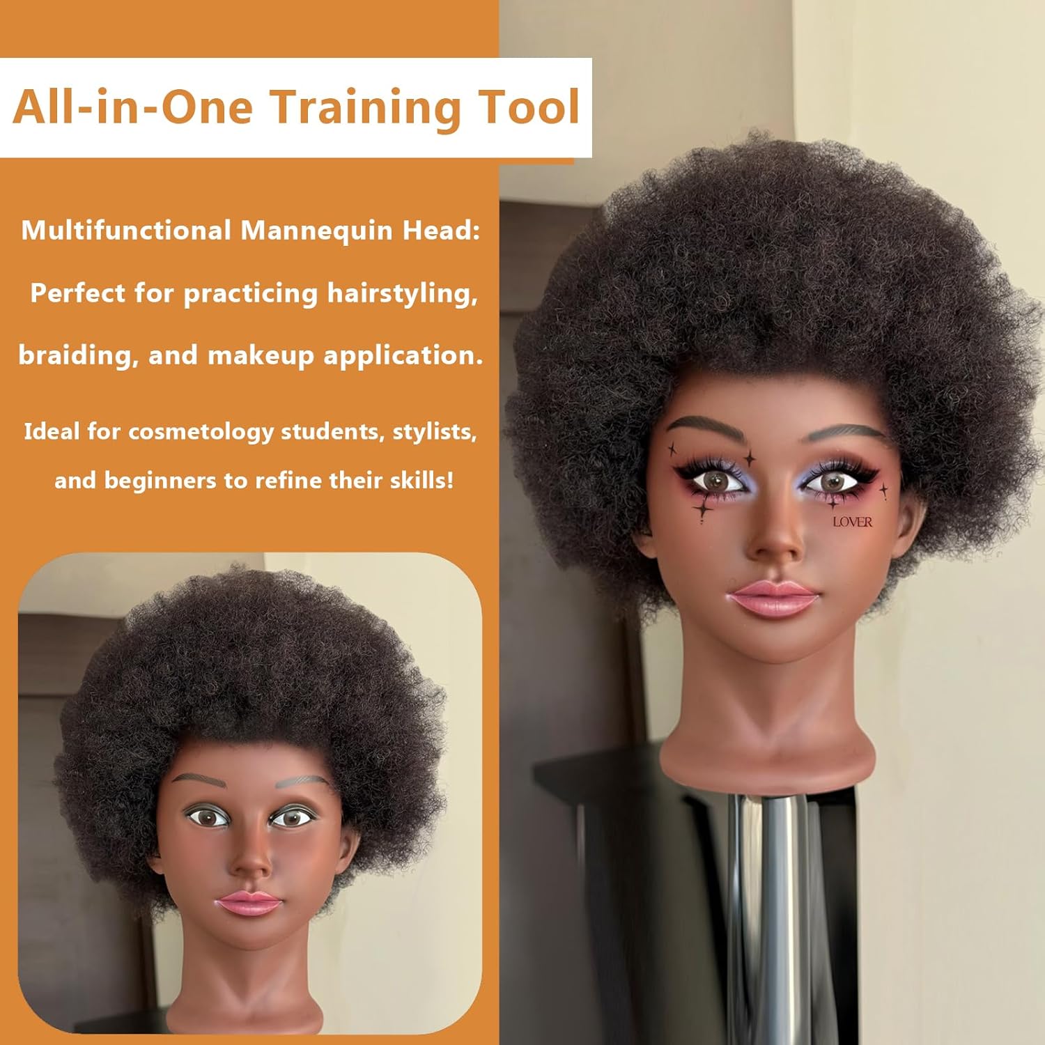 Afro Kinky Curly Mannequin Head with 100% Human Hair, Cosmetology Training Head for Braiding, Styling, Dyeing, and Cutting, Includes Clamp Stand and Accessories