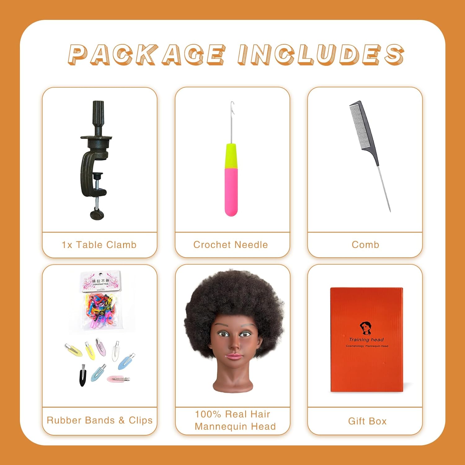 Afro Kinky Curly Mannequin Head with 100% Human Hair, Cosmetology Training Head for Braiding, Styling, Dyeing, and Cutting, Includes Clamp Stand and Accessories