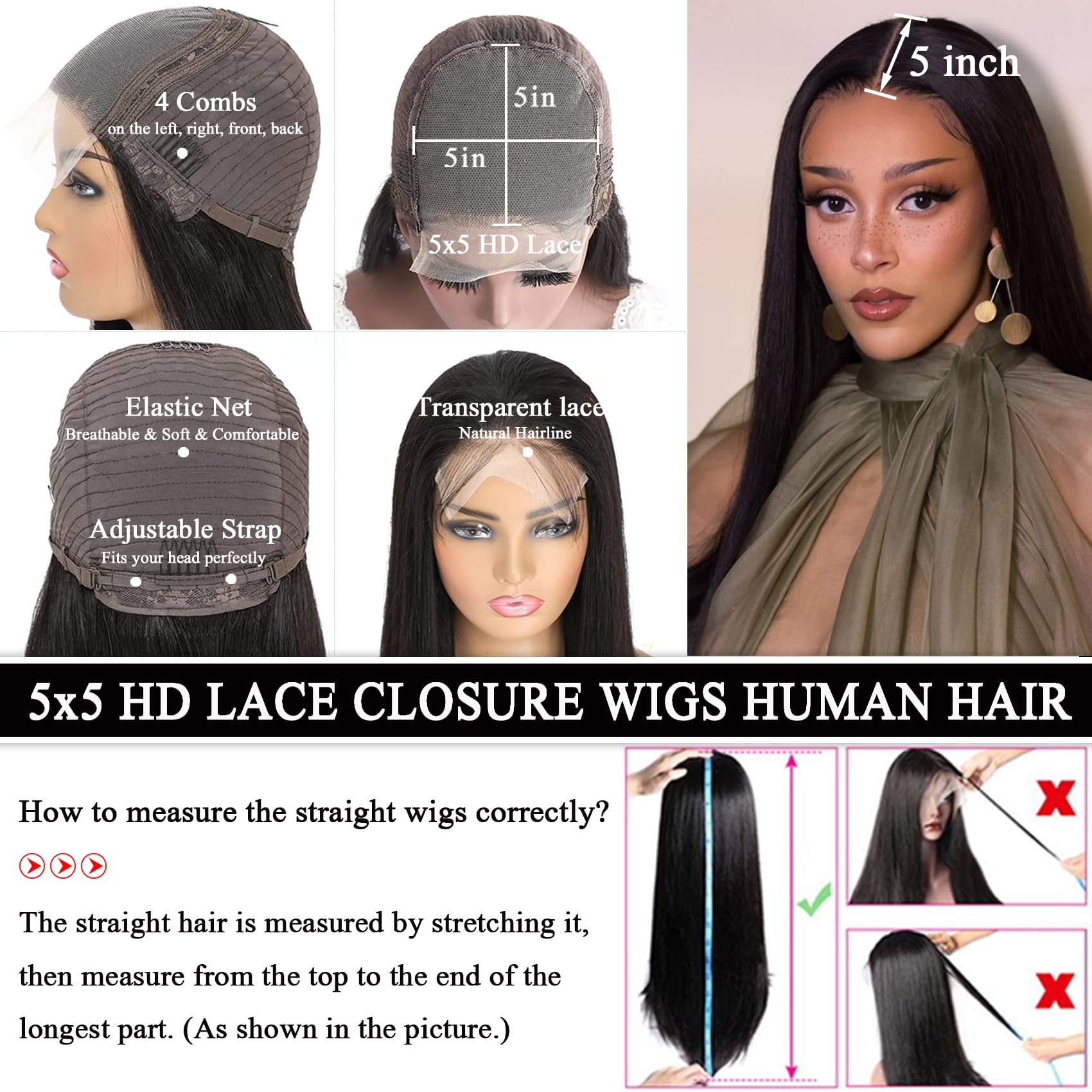 Datanala Straight Glueless 5x5 HD Lace Closure Wig Human Hair Pre-Plucked with Bleached Knots Beginner Friendly
