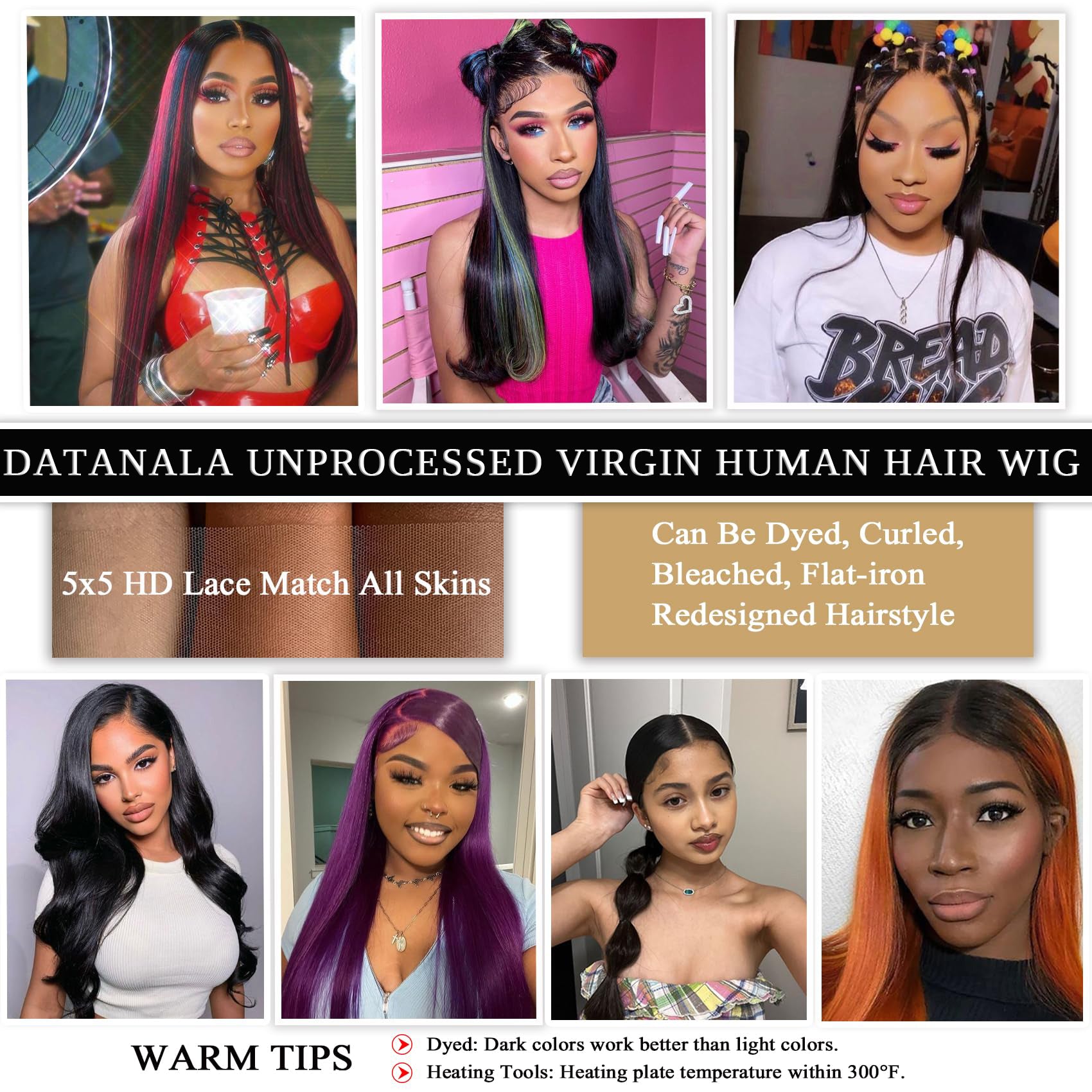 Datanala Straight Glueless 5x5 HD Lace Closure Wig Human Hair Pre-Plucked with Bleached Knots Beginner Friendly