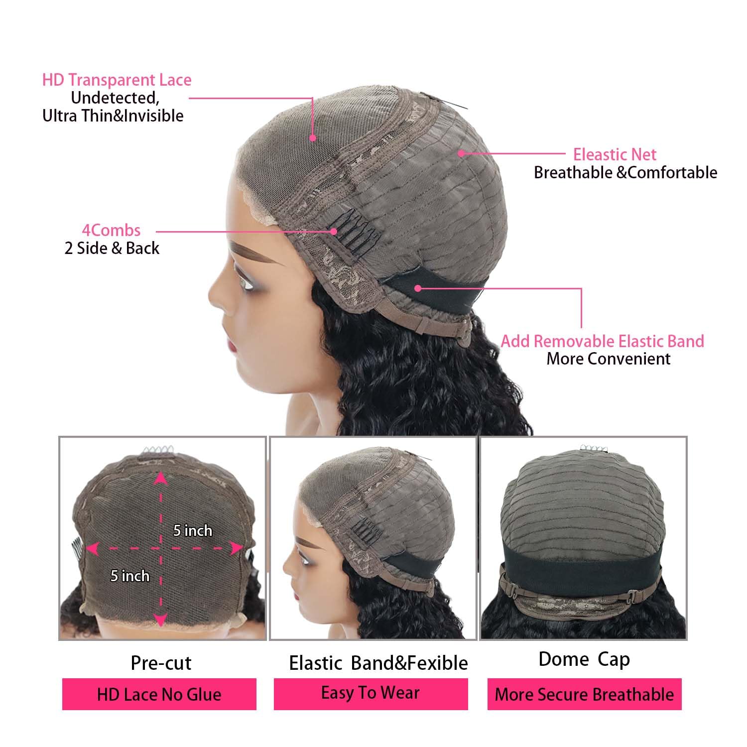 Datanala Water Wave 5x5 HD Lace Closure Glueless Wig Human Hair Pre-Plucked Bleached Knots Beginner Friendly